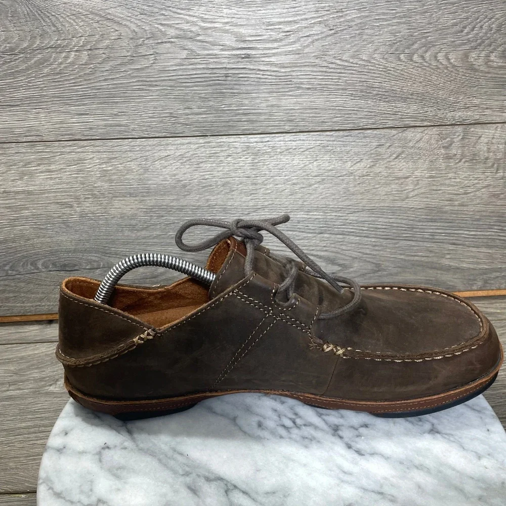 OluKai Shoes Mens 11.5 Ohana Lace Up Nubuck Brown Leather Comfort Oxfords Moc